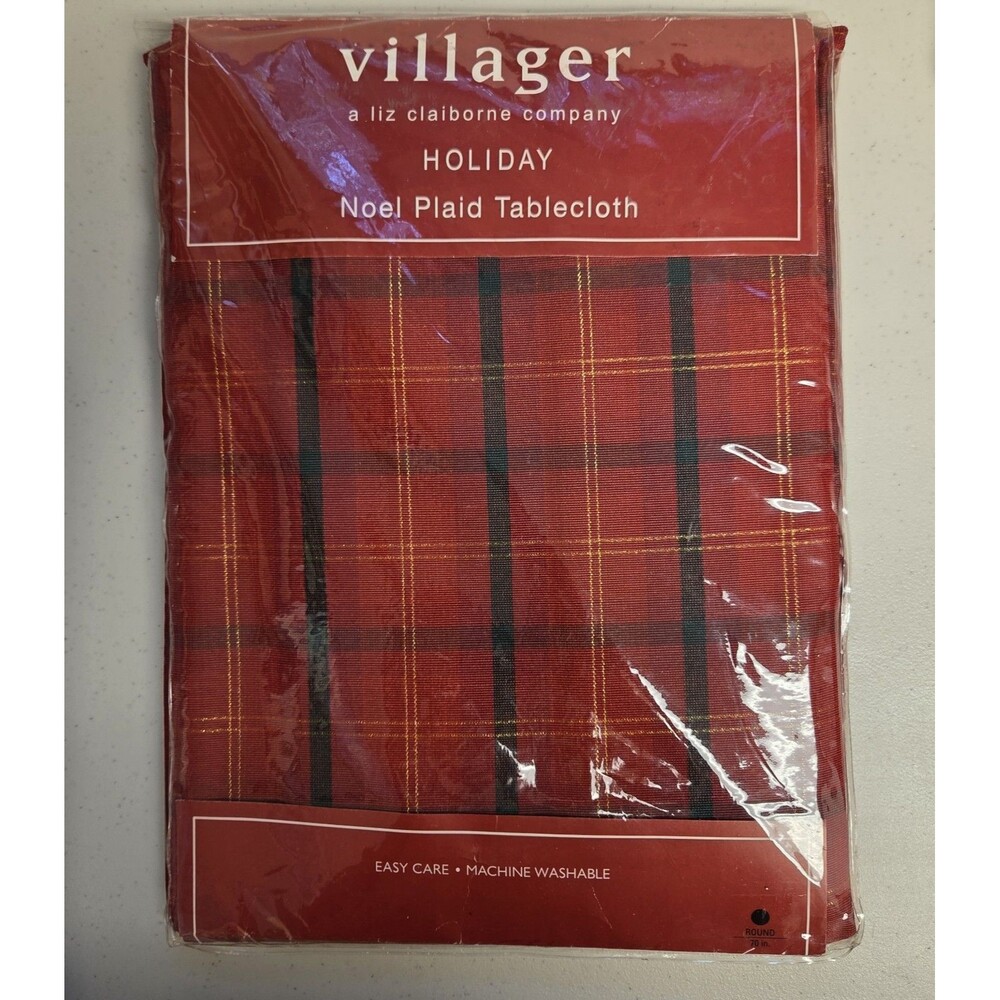 Villager Liz Claiborne Holiday Christmas Noel Plaid Tablecloth 70" Round 54x41